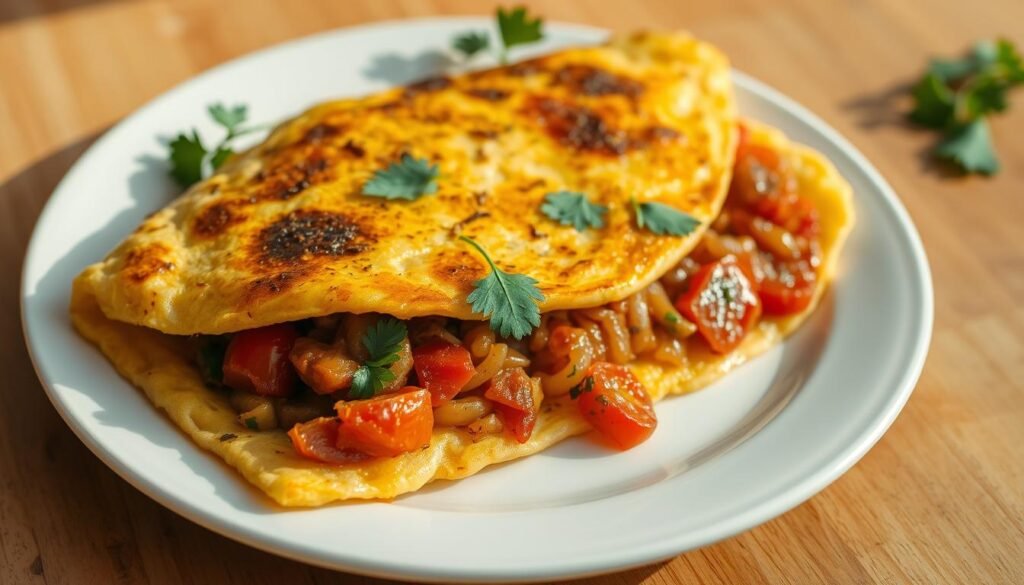 A luscious masala omelette, its golden-brown surface dotted with aromatic spices, rests on a white ceramic plate. The omelette is filled with a medley of sautéed onions, tomatoes, and fragrant coriander leaves, creating a harmonious blend of flavors. Soft and fluffy, the omelette is illuminated by warm, natural lighting, casting a cozy glow across the scene. In the background, a wooden table surface adds a rustic, homely touch, complementing the vibrant colors and textures of the Indian-inspired breakfast dish.