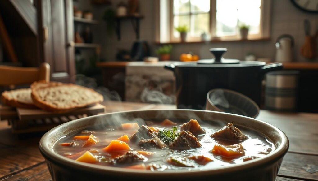 A luscious, steaming bowl of classic beef soup, the centerpiece of a cozy kitchen scene. In the foreground, chunky beef and hearty vegetables simmer in a rich, fragrant broth, radiating warmth and comfort. The middle ground features a cast-iron pot on a rustic wooden table, accompanied by crusty bread and a sprinkle of fresh herbs. In the background, a vintage-inspired kitchen with exposed beams and a cheerful window, bathed in soft, natural lighting, sets the mood for a satisfying, homemade meal. This image evokes the timeless appeal of time-honored beef soup recipes, perfect for satiating deep cravings on a chilly day.