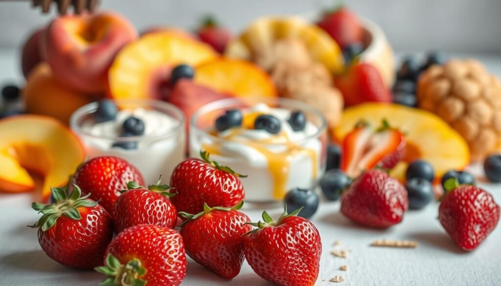 A luscious still life showcasing a fusion of summer's sweetest treats. In the foreground, an artful arrangement of juicy, ruby-red strawberries, their surfaces glistening under soft, natural lighting. Surrounding them, an array of complementary fruits - ripe peach slices, golden pineapple wedges, and plump blueberries - all nestled atop a crisp white background. In the middle ground, a delicate balance of textures and flavors is achieved through the addition of creamy yogurt, drizzles of honey, and crumbled shortbread cookies. The background is softly blurred, allowing the vibrant colors and flavors to take center stage, creating a harmonious and mouthwatering composition that celebrates the essence of summer.