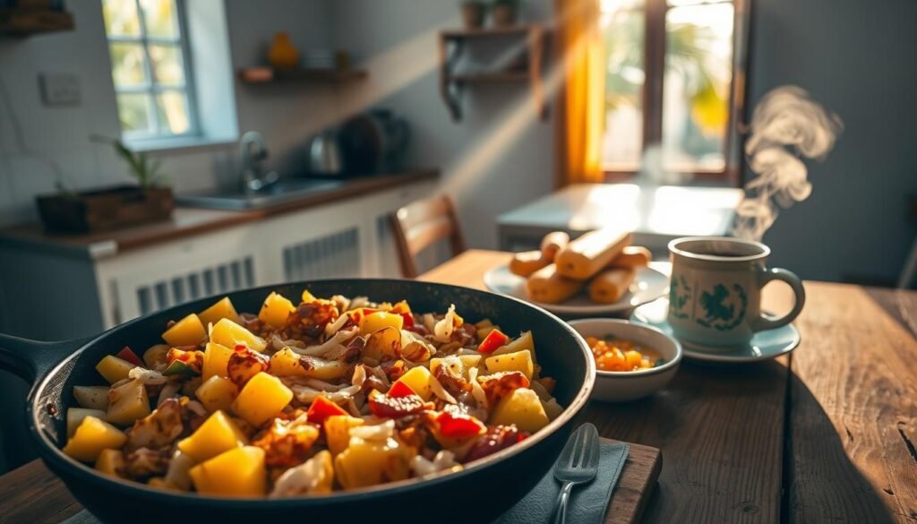 A lush Caribbean breakfast scene featuring a hearty saltfish hash. In the foreground, a large cast-iron skillet sizzles with a colorful medley of diced potatoes, onions, bell peppers, and shredded saltfish. Shafts of warm morning light stream through a kitchen window, casting a golden glow over the dish. In the middle ground, a wooden table is set with a plate of crisp fried plantains, a small bowl of tangy mango chutney, and a steaming mug of rich Caribbean coffee. The background reveals a cozy, rustic kitchen with whitewashed walls, weathered shelves, and the faint outline of swaying palm fronds beyond the window. The overall atmosphere evokes a sense of relaxed island living and nourishing, traditional Caribbean flavors.