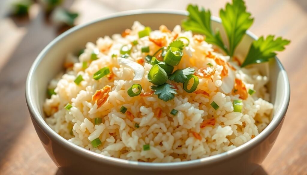 A lush and vibrant dish of vegan coconut rice, nestled in a shallow white ceramic bowl. The rice is fluffy and glistening, each grain coated in a creamy, coconut-infused sauce. Sliced green onions and fresh cilantro leaves add a pop of color and aromatic flair, while roasted coconut flakes provide a delightful crunch. The scene is illuminated by soft, natural lighting from the side, casting gentle shadows and highlighting the textural details. The background is blurred, allowing the mouthwatering rice to take center stage. A sense of tropical warmth and comforting simplicity pervades the image, inviting the viewer to indulge in this delectable vegan Caribbean delight.