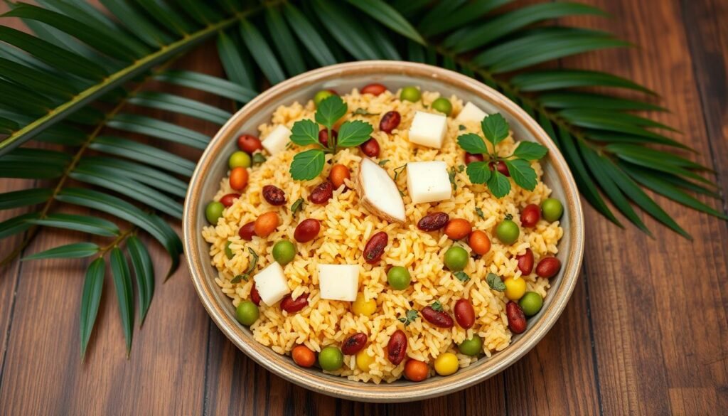 A lush and vibrant plate of traditional Caribbean rice and peas, shot from an overhead perspective with a crisp, natural lighting that emphasizes the dish's vivid colors and textures. The fragrant rice is fluffy and cooked to perfection, nestled alongside a medley of kidney beans, tender pieces of coconut, and aromatic herbs and spices. The composition is balanced, with the rice and beans taking center stage, complemented by a background of tropical foliage and a wooden table surface that adds warmth and authenticity. The overall mood is one of rustic, homemade comfort, inviting the viewer to savor the rich flavors and cultural heritage of this iconic Caribbean staple.