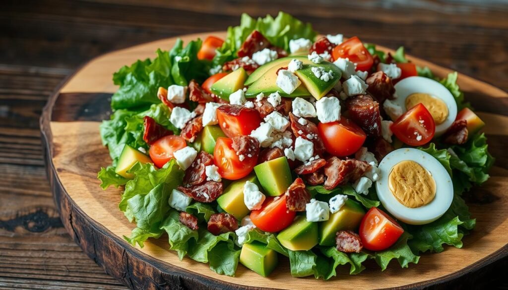A lush, meticulously arranged Cobb salad, featuring a vibrant medley of crisp romaine lettuce, juicy tomatoes, creamy avocado, crumbled bacon, hard-boiled eggs, and a sprinkle of blue cheese, all finely chopped and artfully presented on a rustic wooden board. The lighting is soft and natural, casting subtle shadows that accentuate the textures and colors of the ingredients. The overall composition exudes a sense of classic elegance and timeless appeal, making it the quintessential representation of a traditional chopped salad recipe.