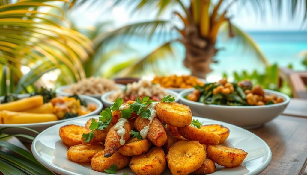 A lush tropical scene featuring a selection of vibrant vegan Caribbean dishes centered around golden-fried plantains. In the foreground, a platter showcases roasted plantains garnished with fresh cilantro and a zesty coconut-lime dressing. In the middle ground, a variety of plant-based Caribbean staples are arranged, including rice and beans, sautéed callaloo greens, and a hearty chickpea and sweet potato curry. The background depicts a breezy outdoor setting with swaying palm fronds and a glimpse of the azure Caribbean sea. Warm, diffused lighting bathes the scene in a soft, inviting glow, capturing the vibrant flavors and healthy, comforting essence of vegan Caribbean cuisine.