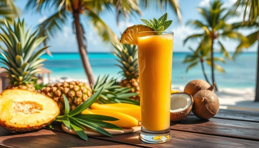 A lush tropical scene featuring a vibrant vegan Caribbean pineapple ginger smoothie. In the foreground, a tall glass filled with a golden-orange smoothie, garnished with a slice of fresh pineapple and a sprig of mint. The middle ground showcases an array of tropical fruits, including pineapple, mango, and coconut, arranged artfully on a wooden table. In the background, a panoramic view of a Caribbean beach setting, with swaying palm trees, turquoise waters, and a clear blue sky. The lighting is soft and natural, creating a warm, inviting atmosphere. Captured with a wide-angle lens to highlight the depth and breadth of the composition.