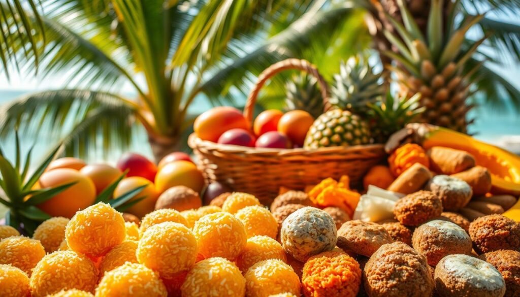 A lush tropical scene filled with an array of vibrant Caribbean treats. In the foreground, a selection of freshly made coconut drops, their golden hues glistening under the warm sunlight. Surrounding them, a colorful assortment of other traditional sweets, each with its own unique texture and flavor - from sugary tamarind balls to chewy guava pastries. In the middle ground, a woven basket overflows with exotic fruits like mangoes, pineapples, and papayas, their lush foliage providing a verdant backdrop. Gentle ocean breezes rustle the palm fronds in the distance, setting the stage for this delectable island tableau. Soft, diffused lighting casts a dreamy, inviting atmosphere, enticing the viewer to indulge in these authentic Caribbean delights.
