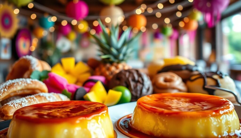A lush, vibrant assortment of classic Mexican desserts, capturing the essence of a traditional fiesta. In the foreground, a decadent flan with a caramelized top, its silky custard texture inviting the viewer to indulge. Surrounding it, an array of colorful treats - fragrant churros dusted with cinnamon sugar, vibrant pink queso fresco-filled empanadas, and rich, chocolate-drenched bunuelos. In the middle ground, a scatter of fresh tropical fruits - juicy mangoes, sweet pineapple, and zesty limes - adding a refreshing contrast. The background is filled with a festive, bokeh-blurred scene, featuring paper decorations, strings of lights, and lively mariachi music playing. The overall mood is one of celebration, warmth, and the mouthwatering allure of authentic Mexican desserts.