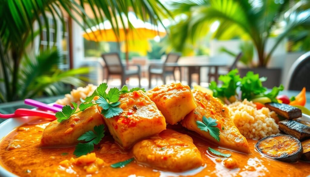 A lush, vibrant scene of a Caribbean coconut curry dish. In the foreground, a generous portion of tender red snapper fillets, simmered in a rich, creamy coconut-based curry sauce, garnished with fresh cilantro and a squeeze of lime. The middle ground features a steaming bowl, its aroma wafting through the air, surrounded by colorful accompaniments - fragrant basmati rice, roasted plantain slices, and a vibrant tropical salad. In the background, a glimpse of a sun-dappled patio, palm fronds swaying gently, sets the scene for this authentic Caribbean culinary experience. Soft, diffused lighting casts a warm, inviting glow, evoking the laid-back, island ambiance. The overall composition is balanced, visually enticing, and captures the essence of a sun-soaked, flavorful Caribbean coconut curry dish.