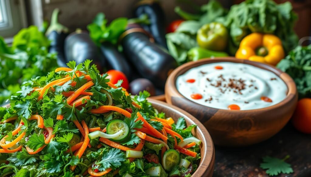 A lush, vibrant still life arrangement showcasing an assortment of fresh, colorful Indian vegetarian salads and raitas. In the foreground, a large wooden bowl overflows with a vibrant green salad, garnished with julienned carrots, cucumber slices, and sprigs of cilantro. In the middle ground, a clay bowl holds a creamy, cooling raita made with thick yogurt, diced tomatoes, and fragrant spices. In the background, an array of whole, unpeeled vegetables such as eggplants, bell peppers, and leafy greens create a rustic, earthy backdrop. The scene is illuminated by soft, natural light pouring in from a window, casting gentle shadows and highlighting the textures and vibrant hues of the fresh, healthy ingredients.