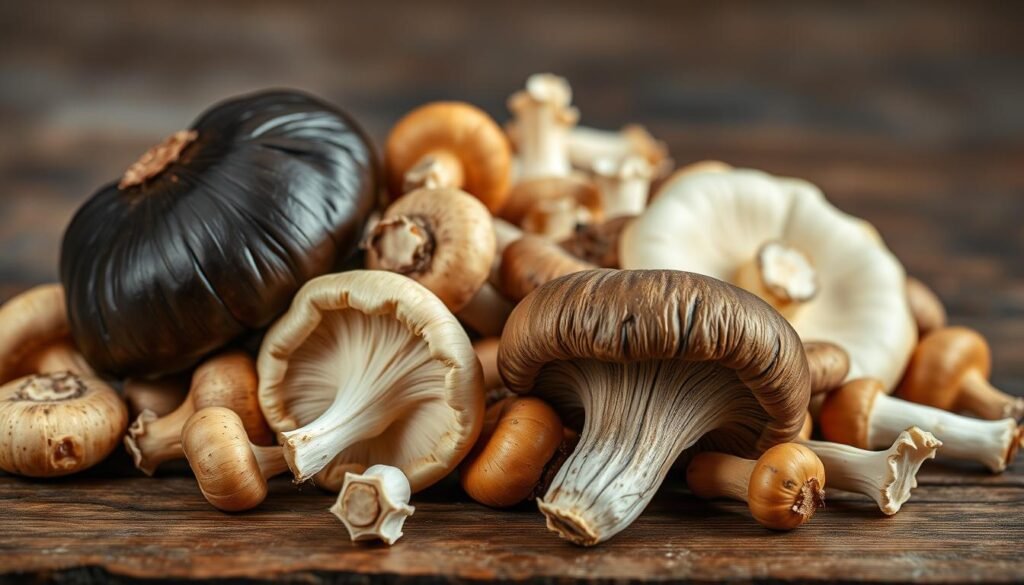 A lush, well-lit close-up of assorted cultivated mushrooms, including button, portobello, and shiitake varieties, arranged artfully on a rustic wooden surface. The mushrooms are freshly harvested, with glistening caps and tender stems. Soft, even lighting from above casts gentle shadows, highlighting the intricate textures and earthy tones of the mushrooms. The composition is balanced, with the mushrooms occupying the majority of the frame, allowing their natural beauty to shine. The background is blurred, creating a sense of focus and drawing the viewer's attention to the delicate fungi. An inviting, almost autumnal atmosphere permeates the scene, conveying the warmth and nourishment these mushrooms can bring to a hearty soup.