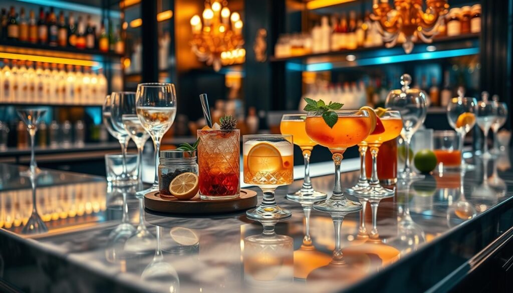 A luxurious, elegantly styled bar setting with ornate glassware, artfully arranged cocktail ingredients, and a warm, inviting ambiance. The foreground features a sleek, mirrored countertop reflecting the scene, while the middle ground showcases beautifully crafted cocktails, garnished with fresh citrus and herbs. The background is illuminated by soft, golden lighting, creating a cozy, intimate atmosphere. The overall composition conveys a sense of harmonious cohesion, where every element seamlessly combines to craft a visually captivating and thematically coherent party aesthetic.