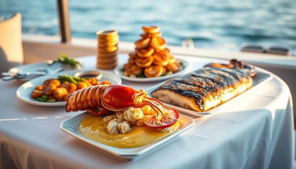 A luxurious seafood spread graces a white tablecloth, bathed in soft, golden lighting. In the foreground, a succulent lobster tail, its ruby-red shell glistening, sits atop a bed of fragrant lemon-garlic butter. Alongside, a pristine fillet of pan-seared sea bass, its flaky flesh delicately seared to perfection. In the middle ground, a tower of seared scallops, their caramelized tops reflecting the warm, inviting atmosphere. In the background, a subtle hint of a coastal landscape, with a distant horizon of gentle waves lapping at the shore. The overall scene exudes an air of sophisticated, yet approachable, fine dining elegance.