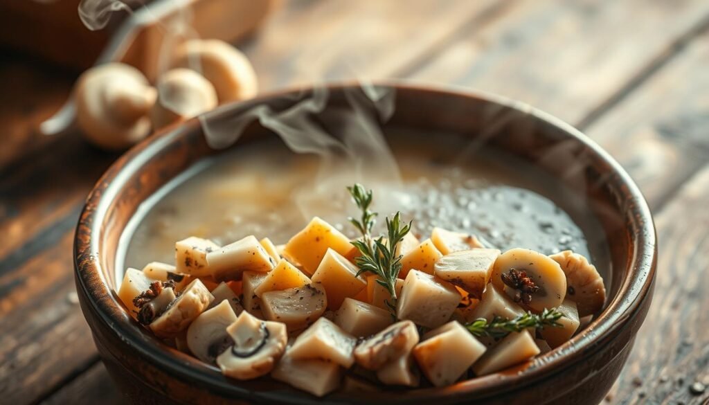 A masterfully prepared mushroom soup, simmering in a rustic earthenware bowl, steam gently rising and filling the air with its savory aroma. In the foreground, an array of freshly chopped mushrooms, their rich, earthy tones contrasting with the creamy broth. Delicate sprigs of thyme and a sprinkling of cracked black pepper add depth and complexity to the scene. The lighting is soft and warm, casting a gentle glow over the tableau, creating an inviting and comforting atmosphere. In the background, a wooden table, worn with the passage of time, sets the stage for this culinary masterpiece, a testament to the art of perfecting the humble mushroom soup.