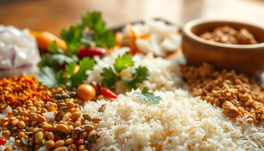 A meticulously arranged still life showcasing the myriad ingredients that elevate the classic Indian dish of poha, or flattened rice flakes. In the foreground, a collection of vibrant and aromatic spices - mustard seeds, cumin, curry leaves, and chili peppers - glistening against a backdrop of the pale, delicate poha grains. In the middle ground, slivers of crunchy sautéed onions, juicy grated coconut, and a sprinkle of fresh cilantro leaves add layers of texture and flavor. The scene is bathed in warm, golden natural light, evoking the comforting and nourishing essence of this quintessential vegetarian Indian breakfast.