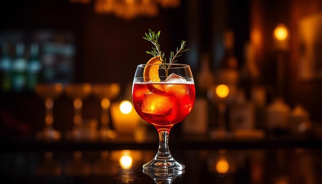 A meticulously crafted signature cocktail, presented in a stylishly curved glass against a dimly lit, sophisticated backdrop. The drink features a vibrant, jewel-toned hue, garnished with a delicate sprig of fresh herbs, a citrus twist, and perhaps a strategically placed ice cube or two, casting a mesmerizing reflection. The scene is illuminated by warm, golden lighting, creating a moody, alluring ambiance, perfect for setting the tone at an elegant event or party.