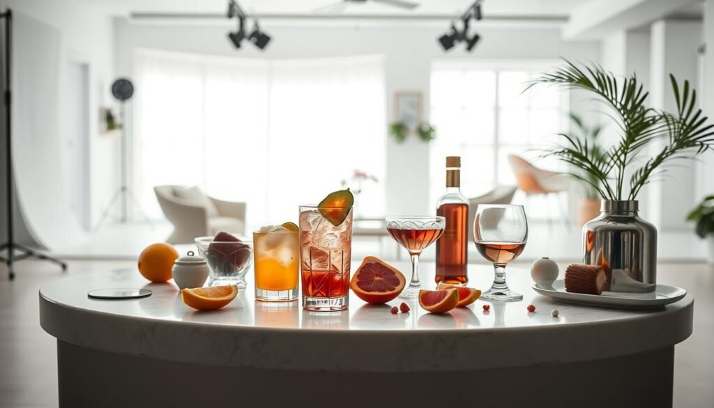 A meticulously curated Instagram feed, capturing the essence of a visually stunning drink aesthetic. Foreground showcases an artfully arranged flatlay of various drink ingredients and props, including a glass of chilled beverage, fresh fruit, and elegant tableware. Middle ground features a minimalist, light-filled studio setting with clean, white backdrops and soft, natural lighting filtering through large windows. Background subtly hints at a modern, minimalist interior design with muted color palettes and sleek, modern furniture. The overall mood is one of effortless sophistication, inviting the viewer to imagine the perfect Instagram-worthy drink moment.