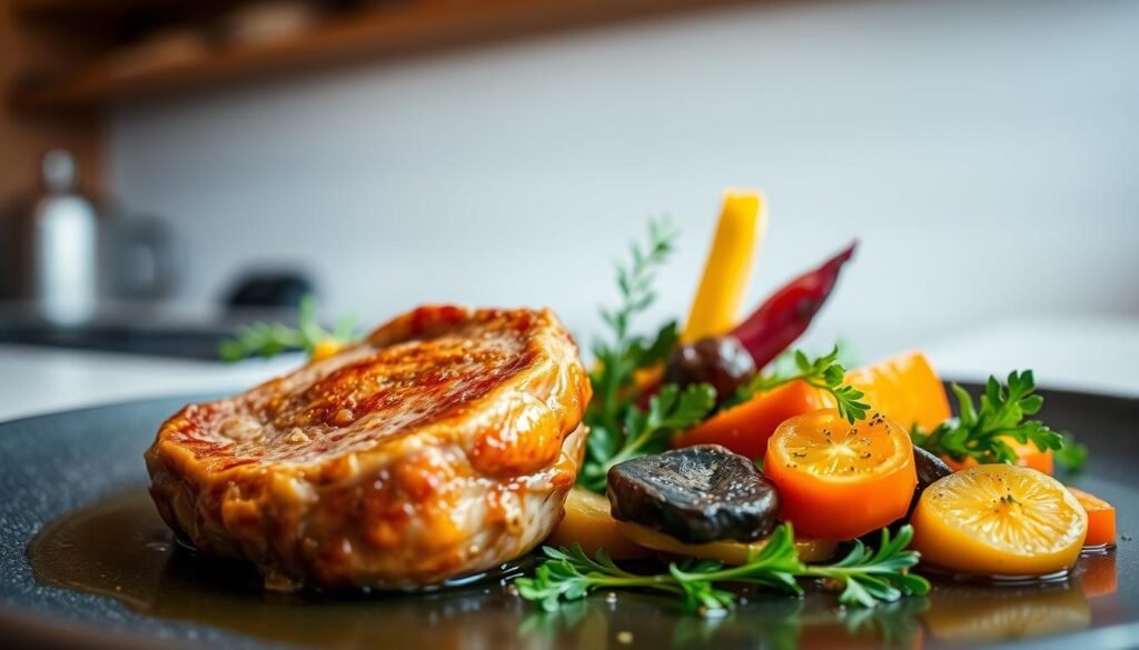 A meticulously prepared sous vide dish, the epitome of culinary mastery. In the foreground, tender meat encased in a glistening, golden-brown crust, its juices locked in by the precise temperature control of the sous vide technique. Surrounding it, an artful arrangement of vibrant seasonal vegetables, each cooked to perfection, their colors and textures in harmonious balance. In the background, a minimalist kitchen setting, with clean lines and subtle lighting that accentuates the dish's refined elegance. The overall atmosphere evokes a sense of tranquility and culinary sophistication, a testament to the skill and dedication of the chef who has truly elevated the ordinary into an extraordinary dining experience.