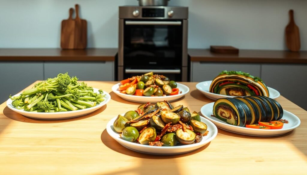 A modern, minimalist kitchen scene featuring an assortment of innovative vegetable dishes. In the foreground, a wooden table is set with a variety of vibrant, artfully arranged platters - steamed broccolini with a lemon-garlic drizzle, roasted brussels sprouts tossed in a sweet chili glaze, and a creative vegetable terrine with layers of zucchini, bell peppers, and eggplant. Backlit by soft, natural lighting, the dishes cast intriguing shadows, adding depth and dimension. In the middle ground, a sleek, stainless steel kitchen appliance, possibly an oven or stovetop, stands ready to assist in the culinary experimentation. The background is a clean, white wall, allowing the colorful, flavorful dishes to take center stage and captivate the viewer's imagination.