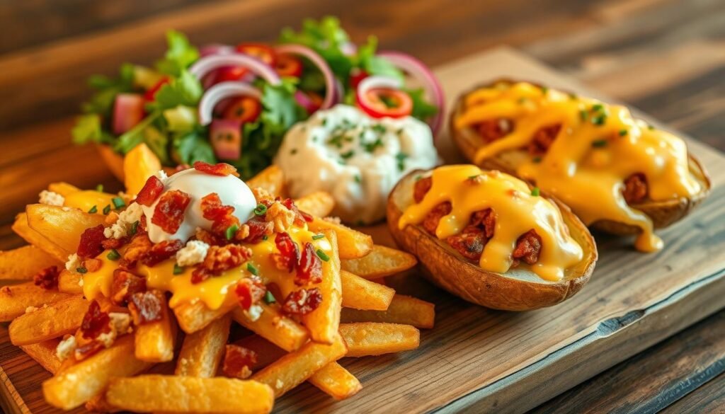 A mouth-watering array of loaded potato side dishes, artfully arranged on a rustic wooden surface. In the foreground, crisp golden potato wedges topped with melted cheddar, crumbled bacon, and a dollop of sour cream. In the middle, fluffy mashed potatoes speckled with chives, nestled beside roasted potato halves drizzled with a rich, creamy cheese sauce. In the background, a vibrant salad of mixed greens and thinly sliced red onions, providing a fresh counterpoint to the indulgent potato creations. Soft, warm lighting from above casts a cozy, inviting glow, while the composition is captured with a wide-angle lens to showcase the full breadth of this innovative and tempting potato side dish spread.