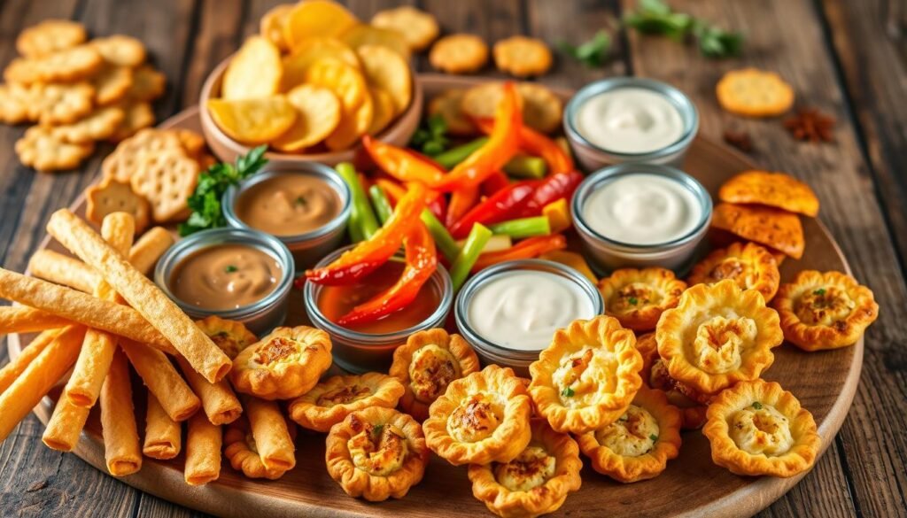 A mouth-watering array of savory snacks arranged on a rustic wooden table, illuminated by warm, natural lighting. In the foreground, golden-brown crispy breadsticks, flaky cheese puffs, and bite-sized savory tartlets. In the middle, an assortment of crunchy vegetable chips in vibrant colors, accompanied by creamy dipping sauces in small bowls. In the background, a selection of hearty crackers, fresh herbs, and a few scattered spices, creating a harmonious and inviting composition. The scene evokes a sense of homemade, comforting indulgence, perfect for satisfying those hungry cravings. A mouth-watering array of savory snacks arranged on a rustic wooden table, illuminated by warm, natural lighting. In the foreground, golden-brown crispy breadsticks, flaky cheese puffs, and bite-sized savory tartlets. In the middle, an assortment of crunchy vegetable chips in vibrant colors, accompanied by creamy dipping sauces in small bowls. In the background, a selection of hearty crackers, fresh herbs, and a few scattered spices, creating a harmonious and inviting composition. The scene evokes a sense of homemade, comforting indulgence, perfect for satisfying those hungry cravings.