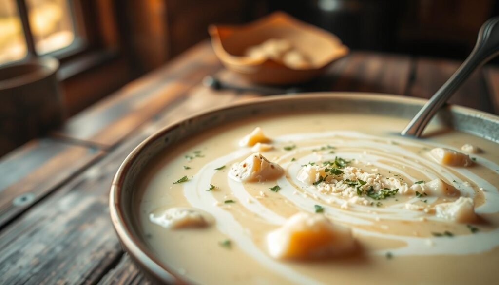A mouth-watering close-up of a bowl of creamy, keto-friendly soup. The foreground features a thick, silky broth with swirls of heavy cream, dotted with tender chunks of chicken or cauliflower. Vibrant specks of fresh herbs and a sprinkle of grated parmesan cheese add visual interest and depth of flavor. The middle ground showcases a rustic wooden table, with a spoon resting on the edge, tempting the viewer to indulge. The background is softly blurred, creating a cozy, intimate atmosphere, lit by warm, natural light filtering through a window. The overall effect is a nourishing, low-carb dish that looks both comforting and decadent.
