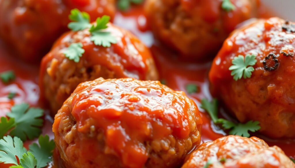 A mouth-watering close-up of freshly cooked Caribbean turkey meatballs, glistening with a vibrant red sauce. The meatballs are perfectly round, with a delicate, golden-brown exterior that gives way to a tender, juicy interior. Garnished with a sprinkle of fresh cilantro, the dish exudes an enticing aroma of warm spices and fragrant herbs. Set against a neutral, minimalist background, the meatballs are the clear focus, lit by a soft, natural light that highlights their rich, appetizing colors. The overall composition and lighting create a sense of simplicity and elegance, showcasing the dish's quality ingredients and wholesome, homemade preparation.