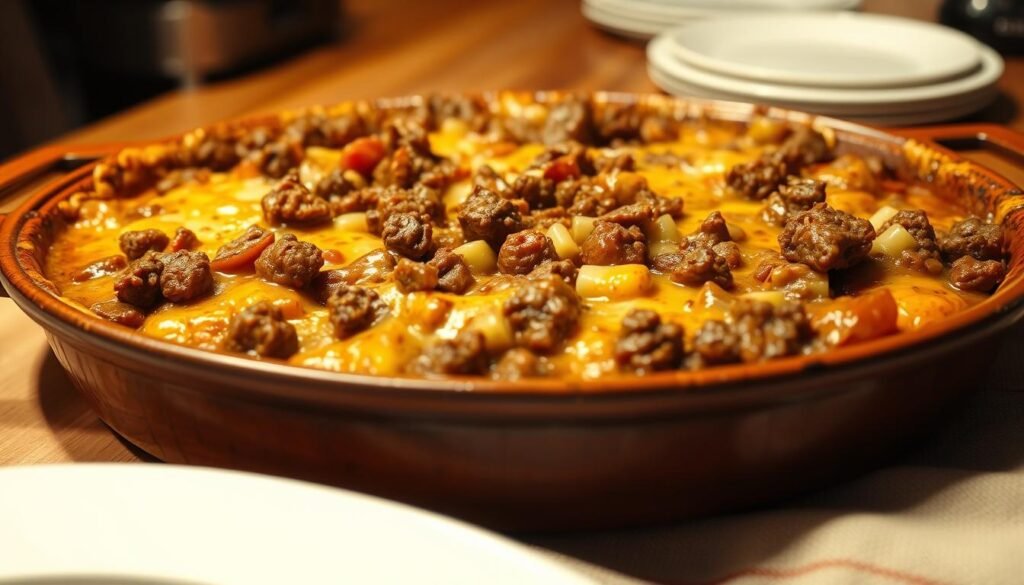 A mouth-watering ground beef casserole, brimming with savory chunks of ground beef, tender vegetables, and a rich, creamy sauce. The dish is arranged artfully in a rustic baking dish, the golden-brown surface dotted with bubbling cheese. Warm, inviting lighting casts a cozy glow over the scene, drawing the viewer in. The low, wide-angle perspective emphasizes the hearty, comforting nature of the casserole, making it the focal point of a simple, homey dinner table setting. Soft shadows and a slightly hazy atmosphere lend an air of homemade authenticity to the image.