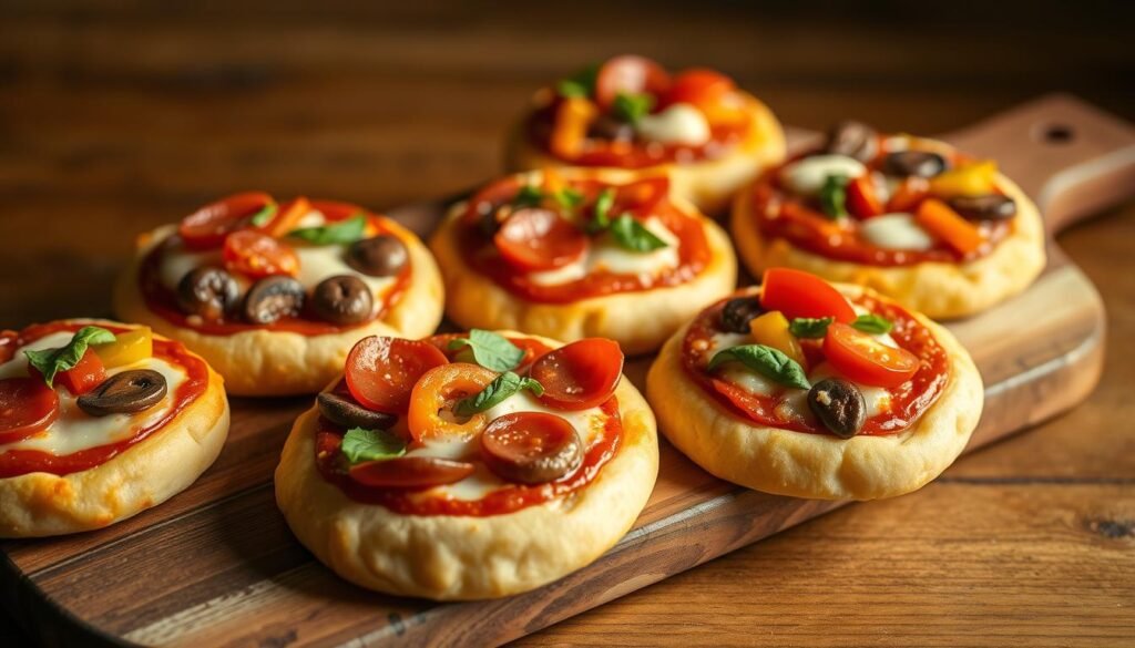 A mouthwatering arrangement of miniature homemade pizzas, nestled on a rustic wooden board. The doughy, golden-brown crusts are topped with a vibrant array of fresh ingredients - tangy tomato sauce, melted mozzarella, and an assortment of colorful toppings like pepperoni, mushrooms, bell peppers, and fresh basil. The scene is bathed in warm, soft lighting, creating an inviting and nostalgic atmosphere, evoking the comforting flavors of childhood. The pizzas are captured from a slightly elevated angle, showcasing their delectable details and textures, while the wooden surface and neutral background allow the vibrant colors of the toppings to pop. This tempting spread captures the essence of simple, delicious mini pizzas that spark joyful memories. A mouthwatering arrangement of miniature homemade pizzas, nestled on a rustic wooden board. The doughy, golden-brown crusts are topped with a vibrant array of fresh ingredients - tangy tomato sauce, melted mozzarella, and an assortment of colorful toppings like pepperoni, mushrooms, bell peppers, and fresh basil. The scene is bathed in warm, soft lighting, creating an inviting and nostalgic atmosphere, evoking the comforting flavors of childhood. The pizzas are captured from a slightly elevated angle, showcasing their delectable details and textures, while the wooden surface and neutral background allow the vibrant colors of the toppings to pop. This tempting spread captures the essence of simple, delicious mini pizzas that spark joyful memories.