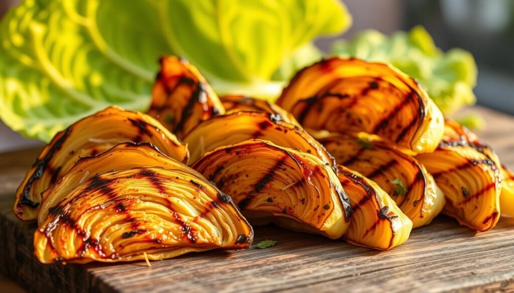 A mouthwatering assortment of grilled cabbage wedges, charred to perfection and glistening with a vibrant Caribbean-inspired marinade. The cabbage slices are arranged on a rustic wooden surface, their crisp, caramelized edges contrasting beautifully with the tender, juicy interiors. In the background, a vibrant green cabbage leaf serves as a verdant backdrop, accentuating the dish's fresh, summery vibe. Warm, golden lighting casts a tantalizing glow, evoking the inviting atmosphere of an outdoor grill. The scene exudes a sense of effortless, al fresco dining, perfectly capturing the essence of Caribbean-style grilled cabbage recipes.