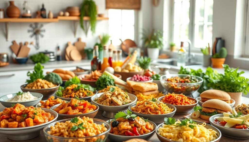 A mouthwatering assortment of international quick lunch recipes, captured in a bright, airy kitchen setting. In the foreground, an array of colorful dishes - from aromatic curries and fragrant stir-fries to zesty salads and hearty sandwiches. The middle ground features a mix of fresh ingredients, spices, and condiments, reflecting the diverse global flavors. The background showcases a window with natural light streaming in, creating a warm, inviting atmosphere. The overall composition conveys the convenience and diversity of these quick, delectable lunch options from around the world.