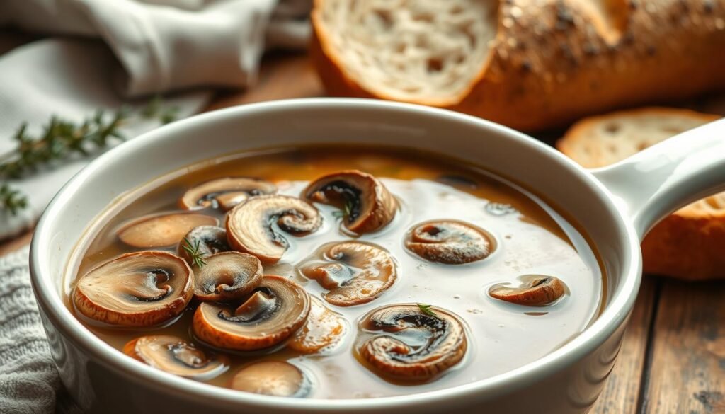 A mouthwatering classic mushroom soup in a white ceramic bowl, with sizzling slices of fresh cremini and shiitake mushrooms in the foreground. In the middle ground, a rich, creamy broth infused with fragrant thyme, garlic, and a hint of sherry. The background features a rustic wooden table, with a linen napkin and a crusty artisanal bread loaf, evoking a cozy, homemade ambiance. Soft, natural lighting casts a warm glow, highlighting the earthy tones and inviting textures of this timeless, comforting dish.