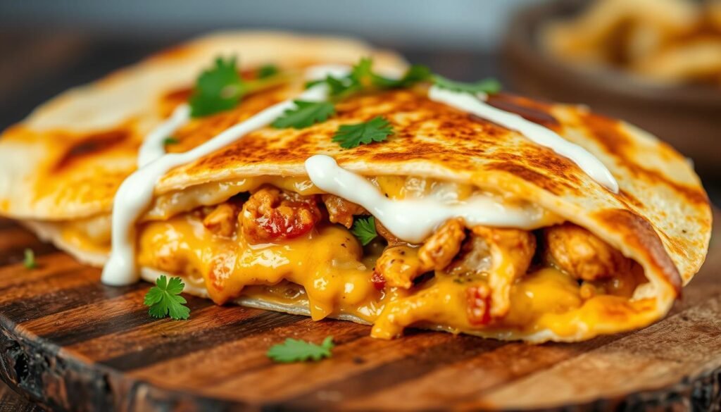 A mouthwatering close-up of a golden brown, crispy chicken quesadilla, oozing with melted cheese and spiced chicken filling. The quesadilla is arranged on a rustic wooden board, with a drizzle of creamy white sauce and sprigs of fresh cilantro for garnish. Soft, warm tortilla wraps the savory ingredients, creating an inviting and authentic Mexican food scene. The lighting is soft and natural, highlighting the delicious textures and colors. The background is blurred, allowing the quesadilla to be the central focus, enticing the viewer to take a bite.