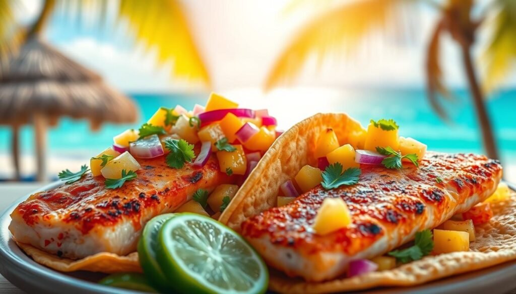 A mouthwatering close-up of red snapper tacos set against a vibrant Caribbean backdrop. In the foreground, two lightly grilled red snapper fillets, their crimson flesh glistening, nestled in warm, soft taco shells. Garnished with a vibrant medley of diced pineapple, mango, red onion, and cilantro, infusing the dish with a tropical flair. The middle ground features a scattering of lime wedges, their bright green hues complementing the warm, earthy tones of the taco shells. In the background, a hazy, sun-drenched beach scene with swaying palm fronds and a brilliant azure sky, evoking the laid-back, island vibe. Soft, natural lighting casts a warm, inviting glow over the entire composition. Captured with a sharp, high-resolution lens to showcase the intricate textures and vibrant colors of this Caribbean-inspired red snapper taco delight.