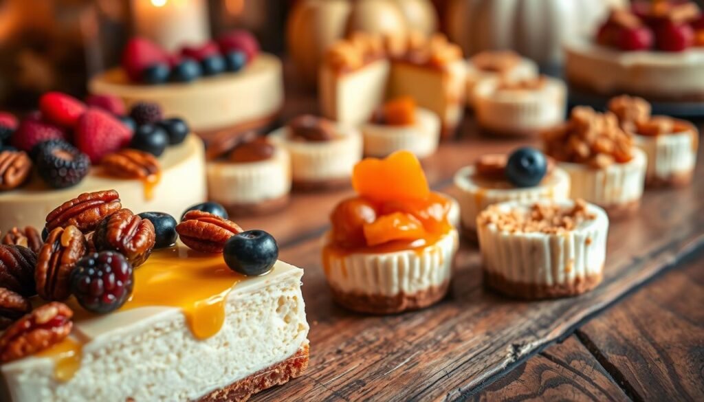 A mouthwatering display of Thanksgiving cheesecake desserts, showcased on a rustic wooden table. In the foreground, creamy slices of cheesecake adorned with vibrant berries, caramelized pecans, and a drizzle of golden honey. In the middle ground, a selection of mini cheesecake bites, each with a unique topping - candied pumpkin, spiced apple compote, and crushed gingersnaps. The background features a warm, cozy ambiance, with soft lighting highlighting the rich, decadent textures of the desserts. The overall scene evokes a sense of indulgence and celebration, perfectly capturing the essence of the "Indulgent Cheesecake Variations" section.