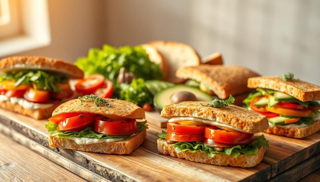 A mouthwatering display of gourmet vegetarian sandwich recipes, artfully arranged on a rustic wooden table. The foreground showcases an array of vibrant, freshly-prepared sandwiches, their fillings overflowing with a variety of crisp vegetables, creamy spreads, and fragrant herbs. The middle ground features an assortment of ingredients, including sliced tomatoes, avocado, leafy greens, and crusty artisanal bread. The background is softly blurred, creating a focus on the delectable sandwiches and highlighting their craftsmanship. Warm, natural lighting casts a golden glow, enhancing the appetizing presentation. A minimalist, sophisticated atmosphere invites the viewer to savor the flavors of these culinary masterpieces.