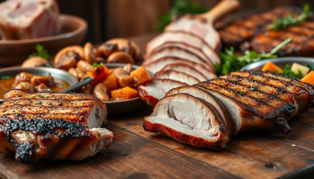 A mouthwatering display of organic pork dishes, artfully arranged on a rustic wooden table. In the foreground, a succulent pork tenderloin, seasoned to perfection and seared to a golden brown. Alongside, a hearty pork stew, the rich, savory broth complemented by tender chunks of meat and freshly chopped vegetables. In the middle ground, a delicate pork loin chop, grilled to juicy perfection, its char-kissed edges glistening under soft, warm lighting. In the background, a selection of premium pork cuts, their marbling and texture hinting at the exceptional quality. The overall scene exudes an air of rustic elegance, inviting the viewer to indulge in the delectable pork-based culinary delights.