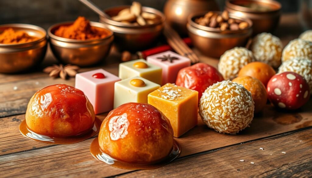 A mouthwatering display of traditional Indian sweets arranged artfully on a rustic wooden table. In the foreground, bite-sized gulab jamun bathed in a glossy rose-hued syrup, their golden-brown exteriors glistening. Beside them, delicate barfi squares in pastel hues of pistachio and saffron, their surfaces adorned with intricate patterns. In the middle ground, a selection of colorful laddoo - spherical delights coated in toasted coconut and slivered almonds. The background features a glimpse of spice-filled copper bowls and fragrant spices, evoking the flavors of an authentic Indian kitchen. Soft, warm lighting casts a cozy glow, inviting the viewer to imagine the delightful taste and texture of these easy-to-make, irresistible Indian sweets.