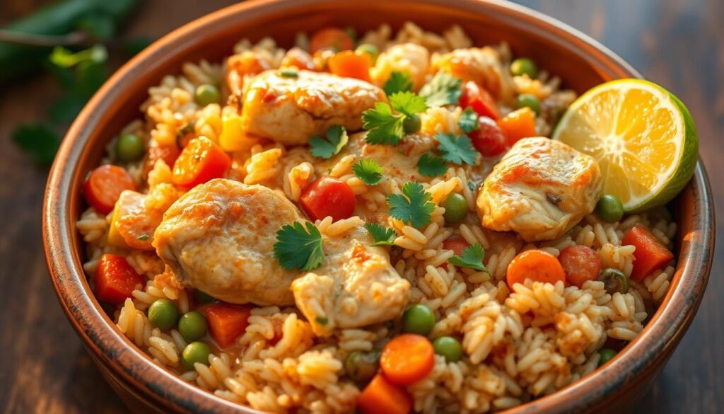 A mouthwatering one-pot Caribbean chicken and rice dish, simmered in a vibrant sauce of coconut milk, spices, and fresh herbs. The chicken is tender and succulent, nestled among fragrant long-grain rice infused with the rich flavors of the islands. A medley of colorful vegetables, such as bell peppers, carrots, and peas, add texture and nutrition. Warm lighting casts a golden glow over the scene, evoking the laidback, tropical ambiance of the Caribbean. The dish is presented in a rustic, earthenware bowl, inviting the viewer to imagine the satisfying aromas and flavors. A sprinkling of fresh cilantro and a wedge of lime provide the finishing touches, perfectly balancing the dish's savory, sweet, and tangy elements.