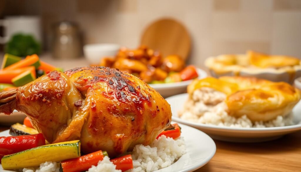 A mouthwatering spread of delectable chicken dishes set against a warm, inviting kitchen backdrop. In the foreground, a tender, juicy roasted chicken quarter with crispy golden skin, accompanied by a vibrant medley of roasted vegetables - carrots, zucchini, and bell peppers. In the middle ground, a savory chicken stir-fry with glistening soy-based sauce, served over a bed of fluffy white rice. In the background, a creamy, comforting chicken pot pie fresh from the oven, its golden pastry crust beckoning. Soft, diffused lighting casts a cozy glow, while an elegant, minimalist table setting suggests a simple yet satisfying dining experience. The overall scene exudes an atmosphere of effortless culinary delight, perfectly capturing the essence of "quick easy chicken dinner recipes."