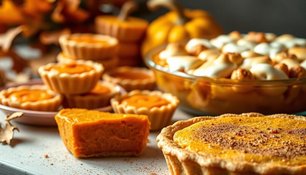 A mouthwatering tableau of sweet potato Thanksgiving desserts, captured in a warm, inviting light. In the foreground, a flaky-crusted sweet potato pie, its golden-brown surface dusted with cinnamon and nutmeg. Beside it, a stack of delicate sweet potato tarts, their vibrant orange filling nestled in buttery pastry shells. In the middle ground, a tempting sweet potato casserole, its marshmallow topping lightly toasted to perfection. A hint of autumn leaves and gourds in the background sets the seasonal mood. Soft, diffused lighting creates an atmosphere of cozy indulgence, inviting the viewer to imagine the rich, comforting flavors.