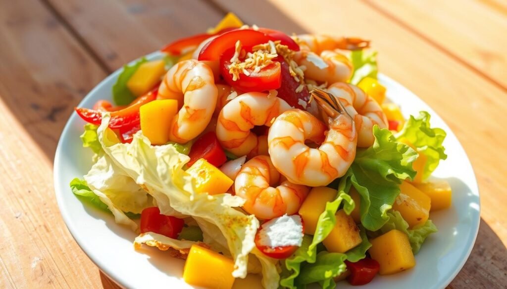 A mouthwatering tropical shrimp salad served on a white ceramic plate, bathed in warm afternoon sunlight. Fresh, juicy shrimp in a vibrant citrus-based dressing, tossed with crisp lettuce leaves, vibrant red bell peppers, juicy mango chunks, and a sprinkle of toasted coconut flakes. The colors are vivid and appetizing, with the shrimp glistening and the salad arranged in an artful, inviting manner. The overall scene conveys a sense of refreshing, island-inspired flavors, perfect for a taste of the tropics on a warm day.