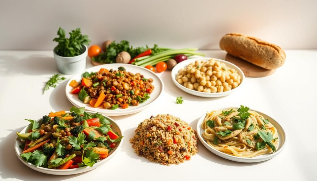 A neatly arranged assortment of tempting vegetarian dishes, bathed in warm, natural lighting and set against a minimalist, off-white backdrop. In the foreground, a variety of colorful, freshly prepared meals - a vibrant vegetable stir-fry, a hearty lentil and quinoa salad, and a creamy, plant-based pasta dish. The middle ground features a selection of complementary ingredients, such as fresh herbs, roasted vegetables, and a crusty bread loaf. The background gently fades into a subtle, muted tone, allowing the culinary delights to take center stage. The overall atmosphere conveys a sense of effortless, healthy, and satisfying vegetarian dining.