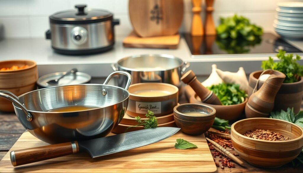 A neatly arranged collection of essential cooking tools and appliances for crafting authentic Asian soups. In the foreground, a shiny steel wok, a sturdy bamboo steamer, and a razor-sharp cleaver rest upon a wooden cutting board. In the middle ground, a simmering pot of broth, an electric rice cooker, and a traditional mortar and pestle for grinding spices. In the background, a sleek induction stovetop, a stack of ceramic bowls, and a vibrant array of fresh herbs and aromatics. Warm, focused lighting casts a cozy glow over the scene, evoking the comforting atmosphere of an Asian kitchen. The overall composition conveys the precise, disciplined approach required to prepare nourishing, flavorful Asian soups.