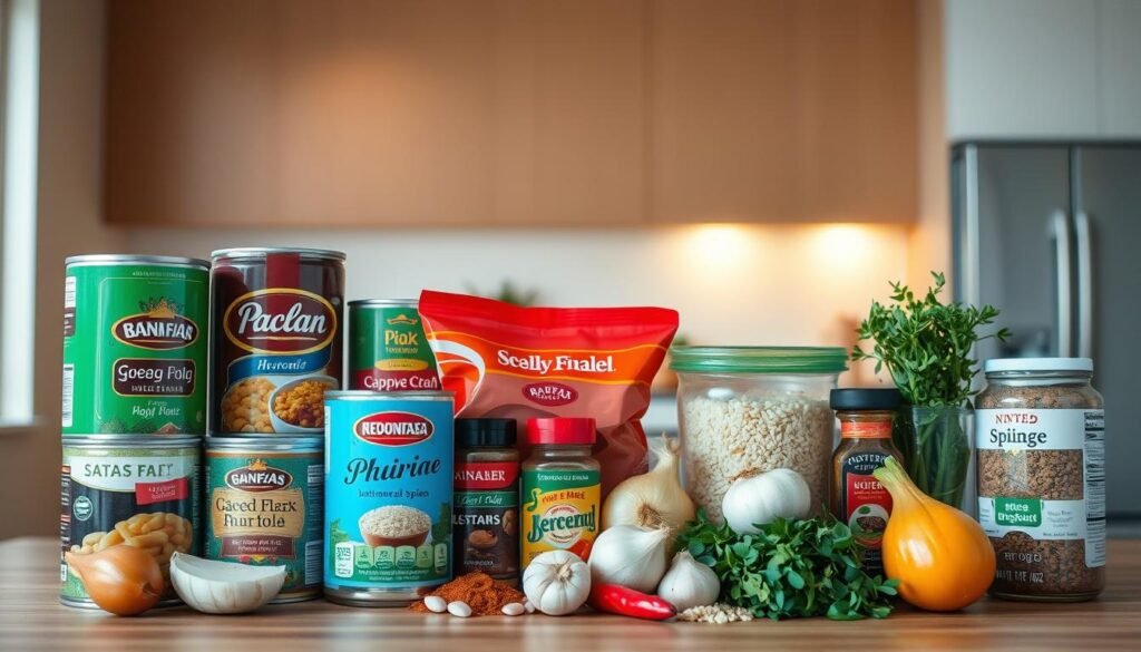 A neatly arranged collection of essential pantry items for quick and easy dinner preparation. In the foreground, various canned goods, pasta, rice, and spices are displayed against a warm, softly lit backdrop. The middle ground features fresh produce like onions, garlic, and herbs, while the background showcases a modern, minimalist kitchen setting with clean lines and natural light filtering in. The overall mood is one of simplicity, practicality, and culinary inspiration, conveying the versatility and convenience of these fundamental ingredients for crafting delicious, time-saving meals.