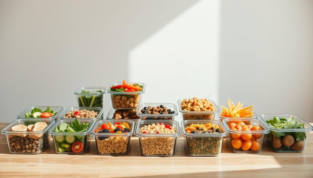 A neatly arranged collection of various nutritious meal prep containers, with an assortment of freshly prepared salads, grain bowls, and portioned snacks. The containers are placed on a clean, minimalist wooden table, bathed in warm, natural lighting that highlights the vibrant colors and textures of the ingredients. In the background, a simple, neutral-toned wall provides a clean, uncluttered backdrop, allowing the meal prep ideas to take center stage. The overall composition exudes a sense of organization, balance, and a healthy, wholesome lifestyle.