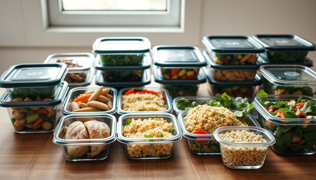 A neatly arranged meal prep station with various containers filled with fresh, colorful ingredients. Grilled chicken breasts, roasted vegetables, quinoa, and a variety of salad greens and toppings are placed on a wooden table, bathed in soft, natural light from a large window. The overall scene conveys a sense of organization, efficiency, and healthy eating, perfectly capturing the "quick lunch meal prep" concept. The composition is balanced, with the containers and ingredients occupying the foreground and middle ground, while a blurred, minimalist background sets the stage for a calm, focused workspace.