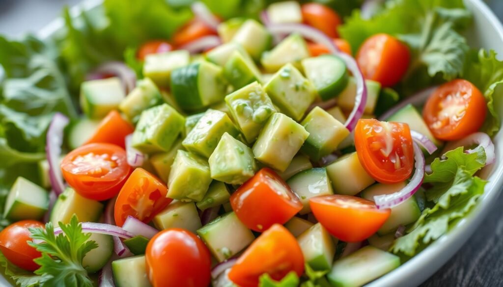 A neatly arranged salad of diced avocado, cherry tomatoes, cucumbers, red onion, and mixed greens. The salad is lightly dressed with a creamy avocado-based vinaigrette, giving it a vibrant green hue. The composition is balanced, with the avocado chunks as the star, surrounded by the fresh, crisp vegetables. The lighting is soft and diffused, creating a gentle, appetizing atmosphere. The image is captured from a slightly elevated angle, showcasing the salad's textures and colors in an inviting manner.