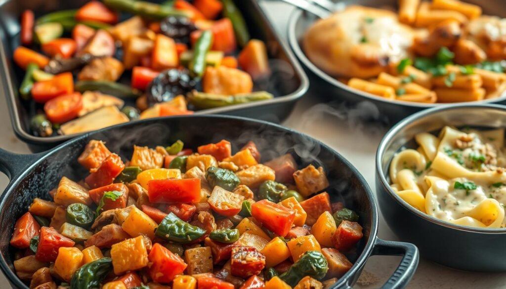 A neatly arranged selection of vibrant, appetizing one-pan meals, shot in warm, natural lighting with a shallow depth of field. In the foreground, a hearty vegetable-packed stir-fry sizzles in a cast-iron skillet, steam rising invitingly. Behind it, a sheet pan roasted chicken and vegetables, golden-brown and glistening. In the background, a creamy one-pot pasta dish, finished with a sprinkle of fresh herbs. The composition emphasizes the simplicity and ease of preparation, capturing the essence of quick, satisfying lunches that can be made with minimal effort.