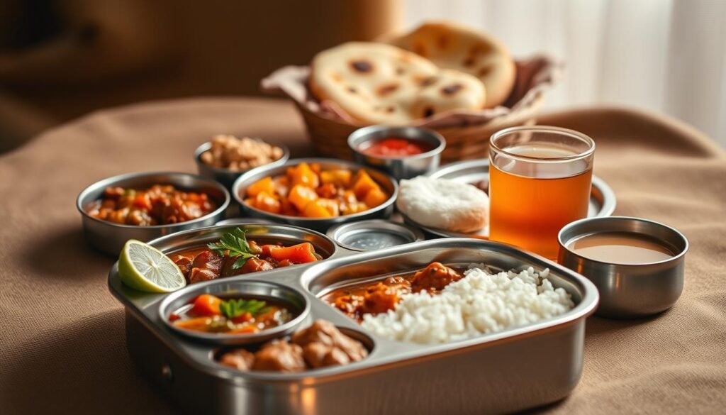 A neatly arranged spread of traditional Indian lunch box items, captured with a warm, natural lighting and a slightly elevated camera angle. The foreground features a stainless steel tiffin box filled with aromatic curries, lentils, and basmati rice, accompanied by a small bowl of pickled veggies, a wedge of lime, and a sprinkling of fresh herbs. The middle ground showcases a selection of freshly baked naan breads, a small chutney dish, and a glass of freshly brewed masala chai. The background gently fades into a softly blurred, earthy-toned textile pattern, creating a cozy, homely atmosphere.