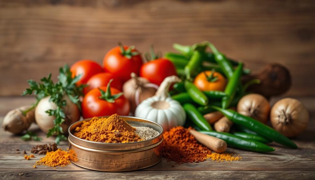 A neatly arranged still life displaying an assortment of traditional Indian lunch ingredients. In the foreground, a copper spice tin filled with aromatic spices like turmeric, cumin, coriander, and garam masala, illuminated by warm, diffused lighting. In the middle ground, a variety of fresh produce including tomatoes, onions, ginger, and green chilies, carefully placed to create a visually appealing composition. In the background, a simple wooden surface with a hint of texture, providing a rustic, earthy backdrop that complements the vibrant colors and textures of the ingredients. The overall mood is one of culinary authenticity and cultural richness, inviting the viewer to explore the essence of Indian cuisine.